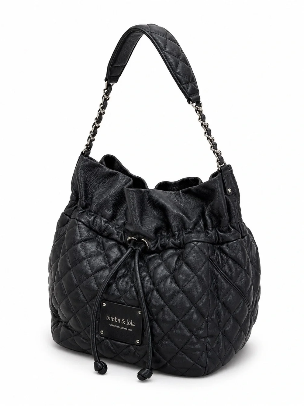 Bimba y Lola Summer 2010 Black Quilted Leather Drawstring Bucket Shoulder Bag - Picture 1 of 13